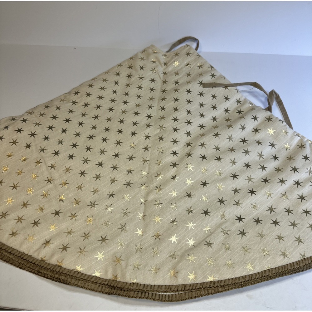 Gold Metallic Star Christmas Tree Skirt Cream Burlap Style Holiday Decor 42in